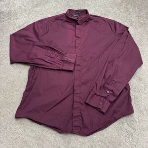 21 Men Band Collar Hidden Button Down Shirt Mens XL Burgundy Long Sleeve Cotton
